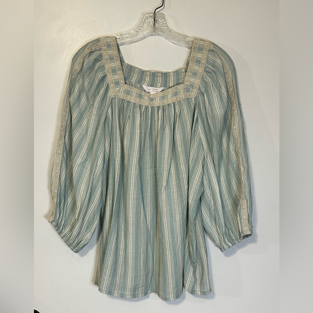 LC Lauren Conrad 3/4 Sleeve Square Neck Top Blue Stripe Lace Trim Pullover Med